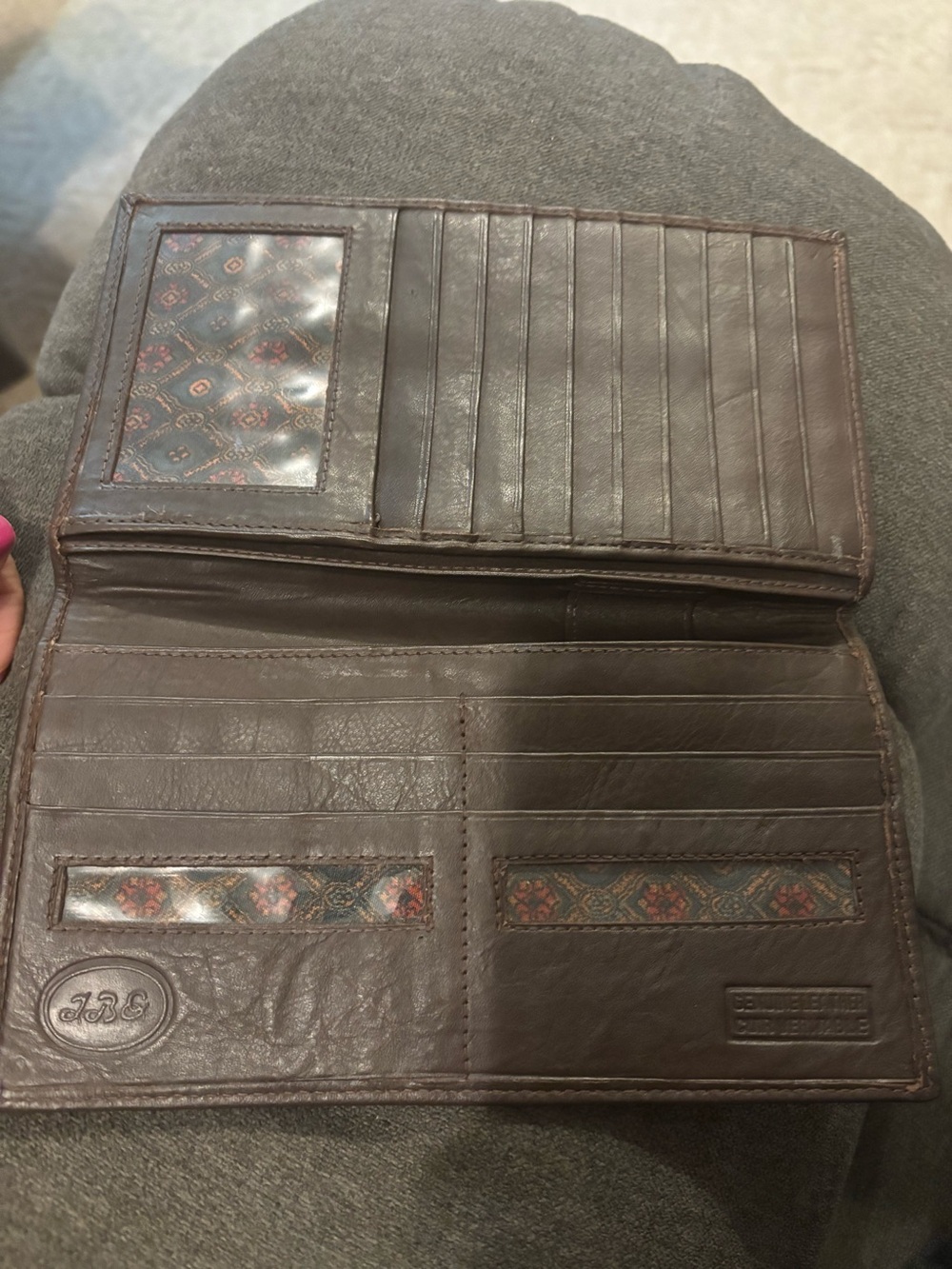 Brown Leather Trifold Wallet with Patterned Inserts